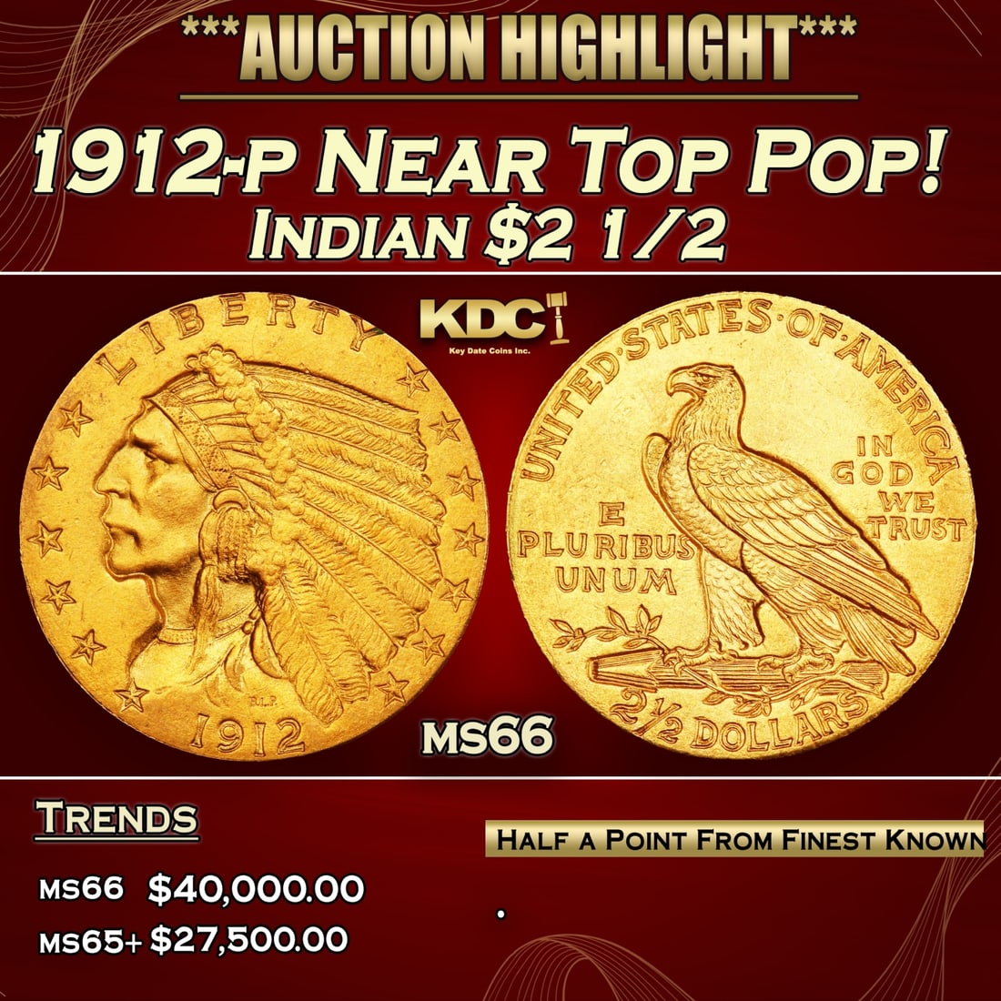 YO 1912-p Gold Indian Quarter Eagle Near Top Pop! $2 1/2 GEM+ Unc USCG: 1912-p Near Top Pop! Gold Indian Quarter Eagle $2 1/2 GEM+ Unc USCG. 0 Many Indian gold specialists consider the 1912 quarter eagle to be underrated in Gem and better condition. The spotlight is usual