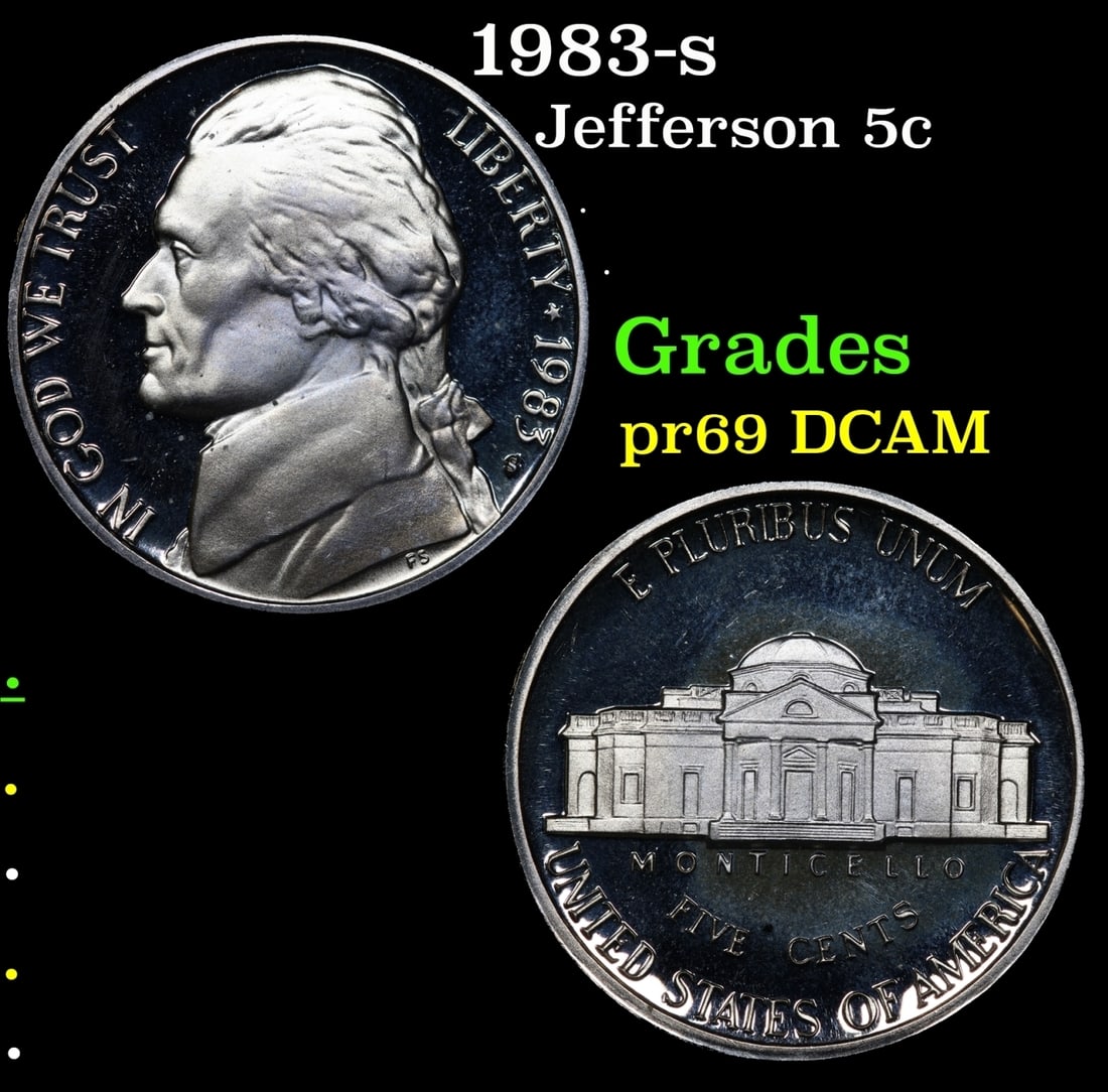 1983-s Proof Jefferson Nickel 5c Grades GEM++ Proof Deep Cameo: 1983-s Jefferson Nickel 5c Grades GEM++ Proof Deep Cameo.