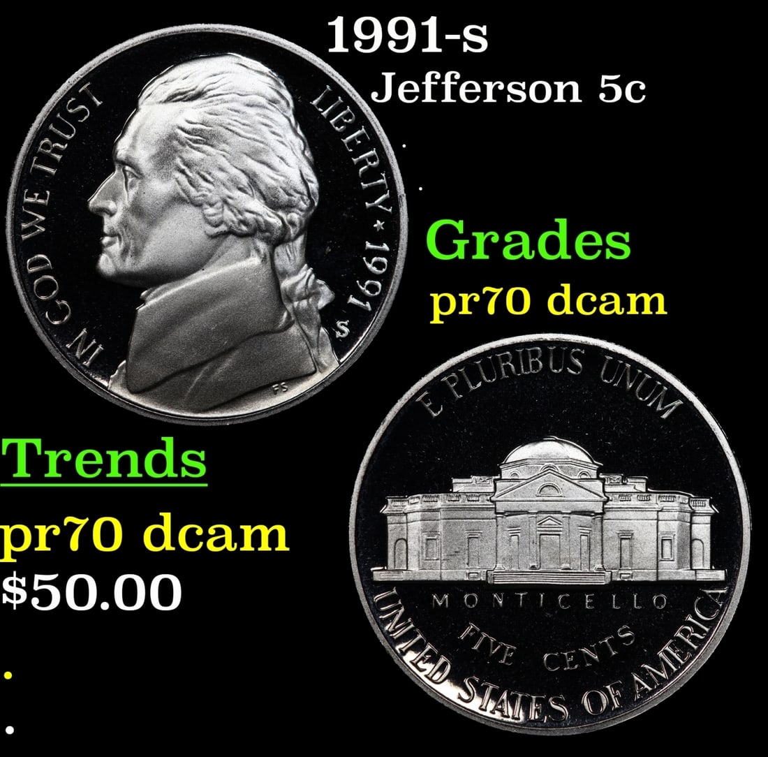1991-s Proof Jefferson Nickel 5c pr70 dcam SEGS: 1991-s Jefferson Nickel 5c pr70 dcam SEGS.