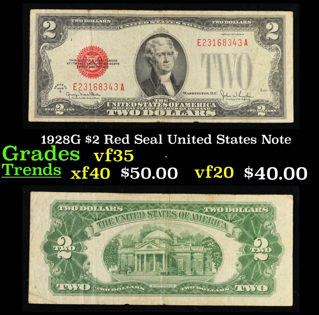 1928G $2 Red Seal United States Note Grades vf++: 1928G $2 Red Seal United States Note Grades vf++. FR-1508 Two dollar bills from the series of 1928 are called 1928 $2 legal tenders. All legal tenders have a red seal. 1928 was also the first year tha