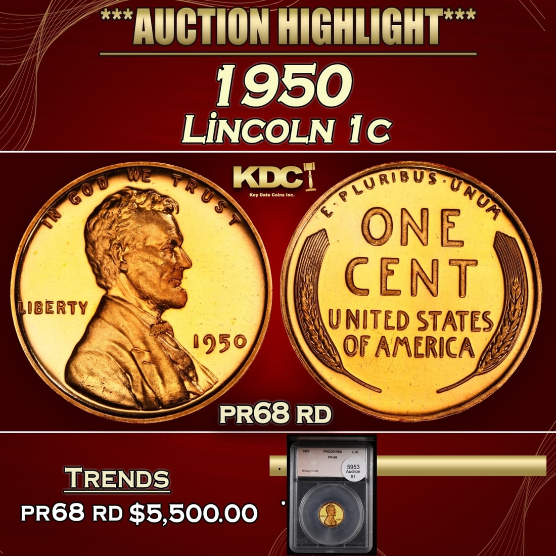YC 1950 Proof Lincoln Cent 1c pr68 rd SEGS (1 of 4)