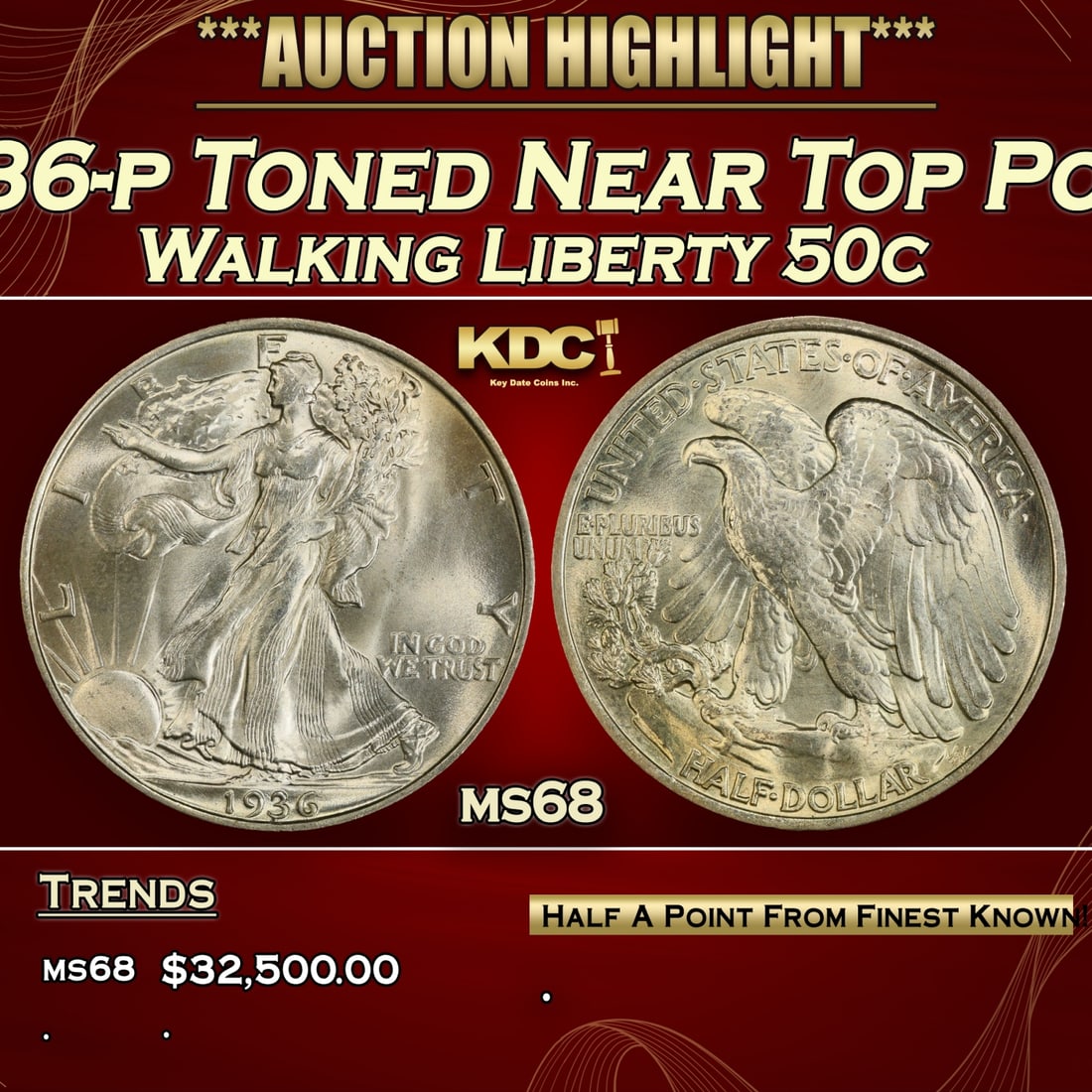 IC 1936-p Walking Liberty Half Dollar Toned Near Top Pop! 50c ms68 SEGS (1 of 3)