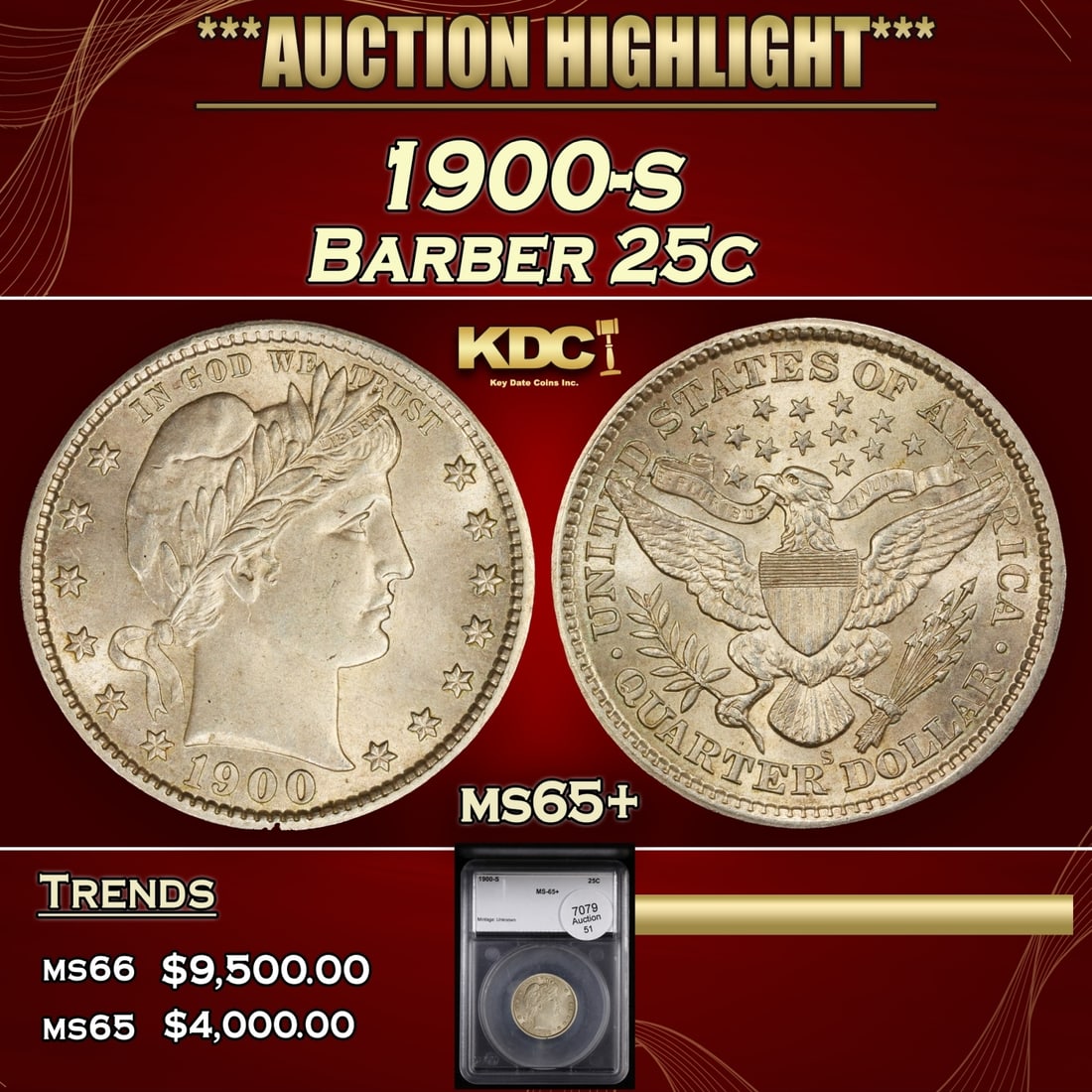 YC 1900-s Barber Quarter 25c ms65+ SEGS (1 of 4)