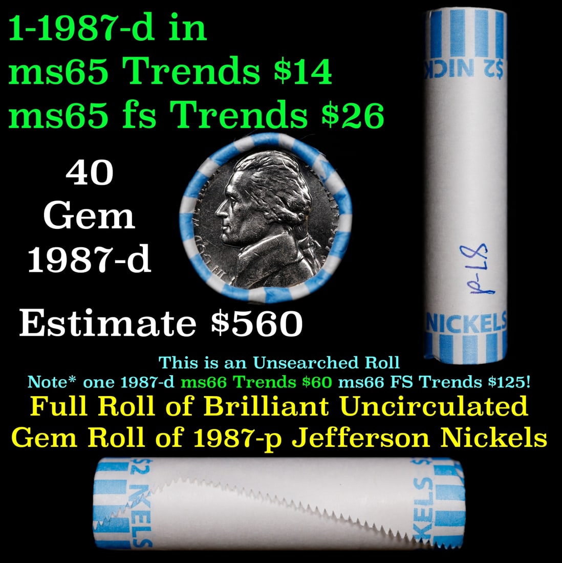 BU Shotgun Jefferson 5c roll, 1987-d 40 pcs Bank $2 Nickel Wrapper: BU Shotgun Jefferson 5c roll, 1987-d 40 pcs Bank $2 Nickel Wrapper.