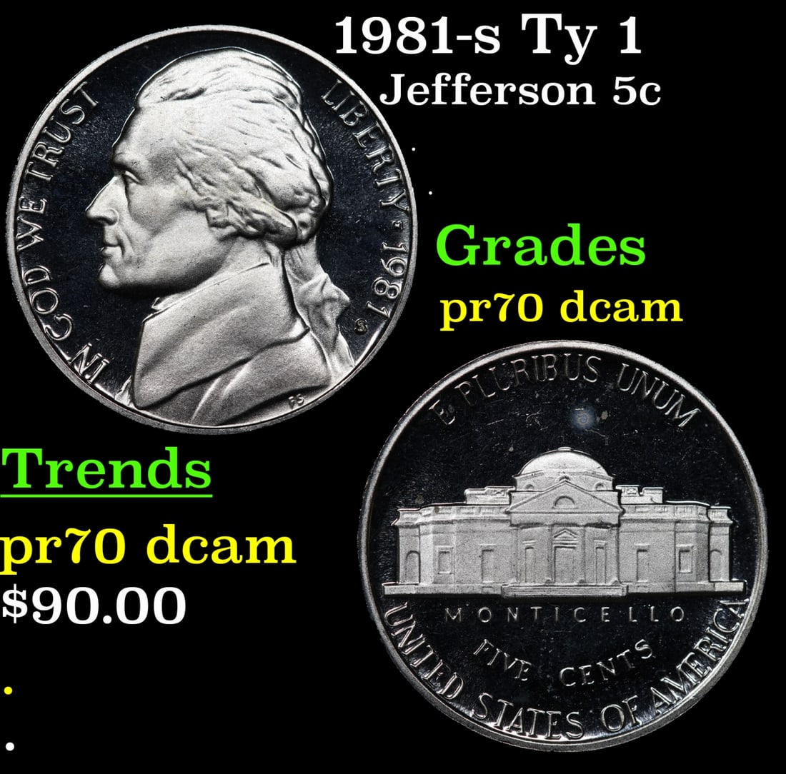 1981-s Ty 1 Proof Jefferson Nickel 5c pr70 dcam SEGS (1 of 3)