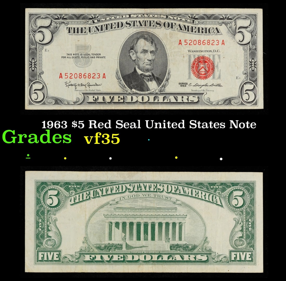 1963 $5 Red Seal United States Note Grades vf++: 1963 $5 Red Seal United States Note Grades vf++. Fr-1536 Each 1963 five dollar red seal bill has serial number written in red ink. There is a red seal on the right hand side of the bill. All 1963 red