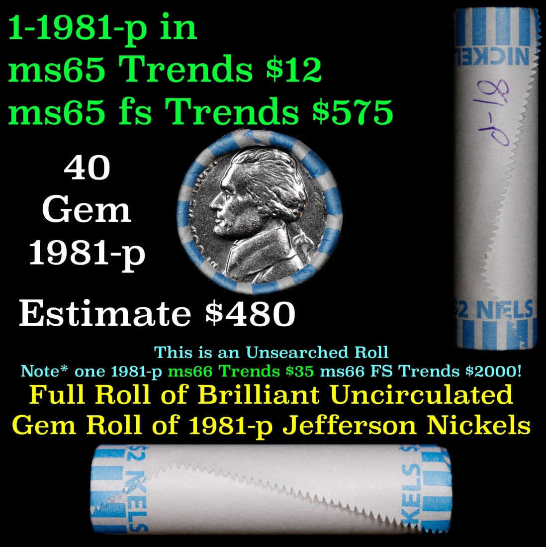 BU Shotgun Jefferson 5c roll, 1981-p 40 pcs Bank $2 Nickel Wrapper: BU Shotgun Jefferson 5c roll, 1981-p 40 pcs Bank $2 Nickel Wrapper.