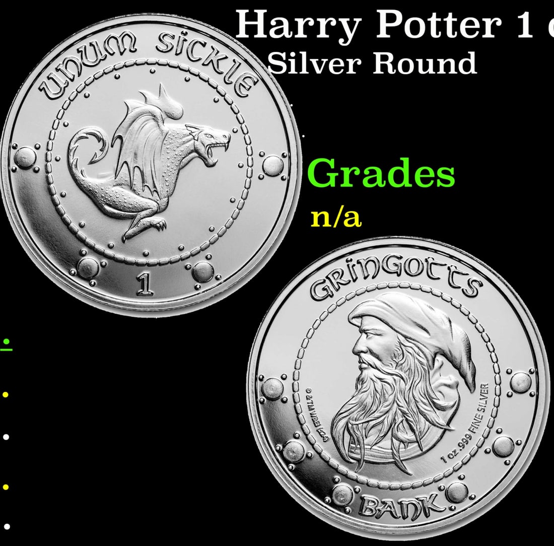 Harry Potter 1 oz Silver Gringotts Sickle Coin: Harry Potter 1 oz Silver Gringotts Sickle Coin. This silver round is based on the currency featured in the Harry Potter movies. The currency was used by the Wizarding World in Great Britain. There are