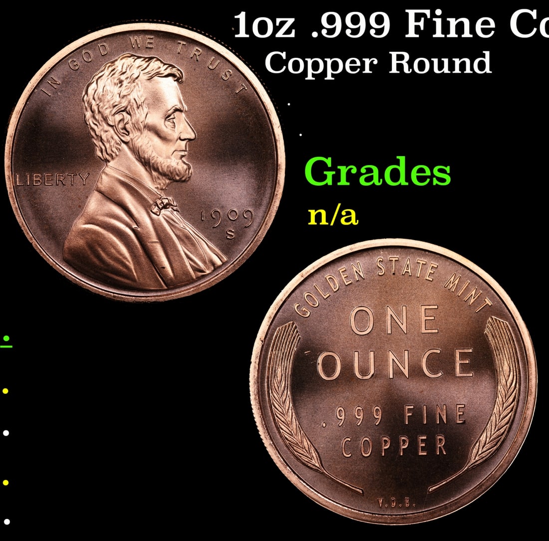 1oz .999 Fine Copper Bullion Round - Lincoln Wheat Penny Style Grades Ungraded: 1oz .999 Fine Copper Bullion Round - Lincoln Wheat Penny Style Grades Ungraded.