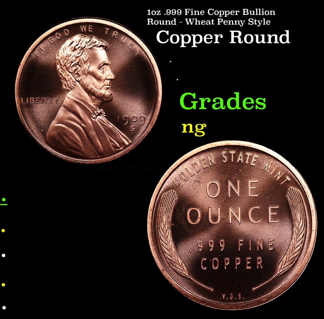 1oz .999 Fine Copper Bullion Round - Wheat Penny Style: 1oz .999 Fine Copper Bullion Round - Wheat Penny Style.