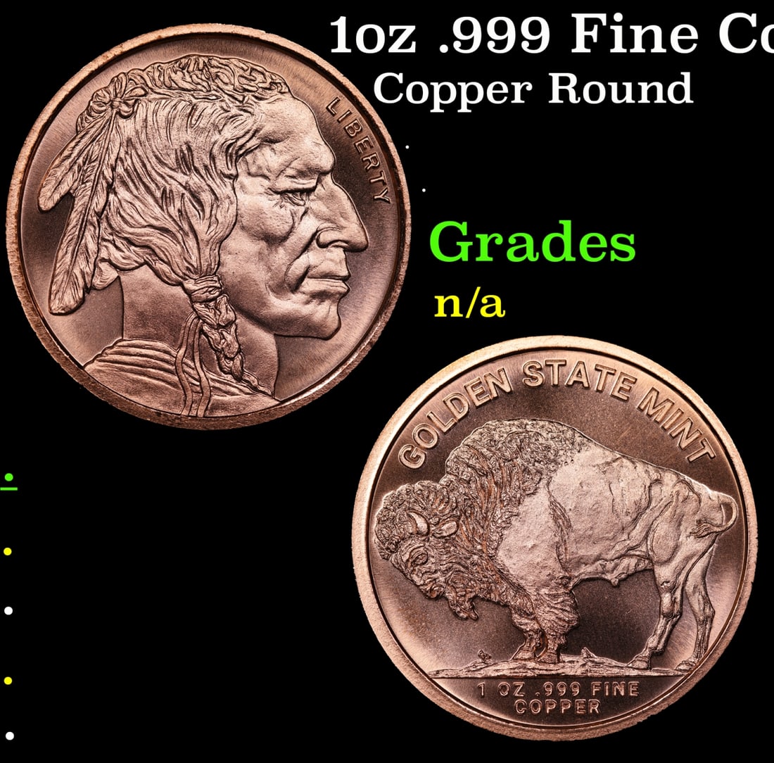 1oz .999 Fine Copper Bullion Round - Buffalo Nickle Style Grades Ungraded: 1oz .999 Fine Copper Bullion Round - Buffalo Nickle Style Grades Ungraded.
