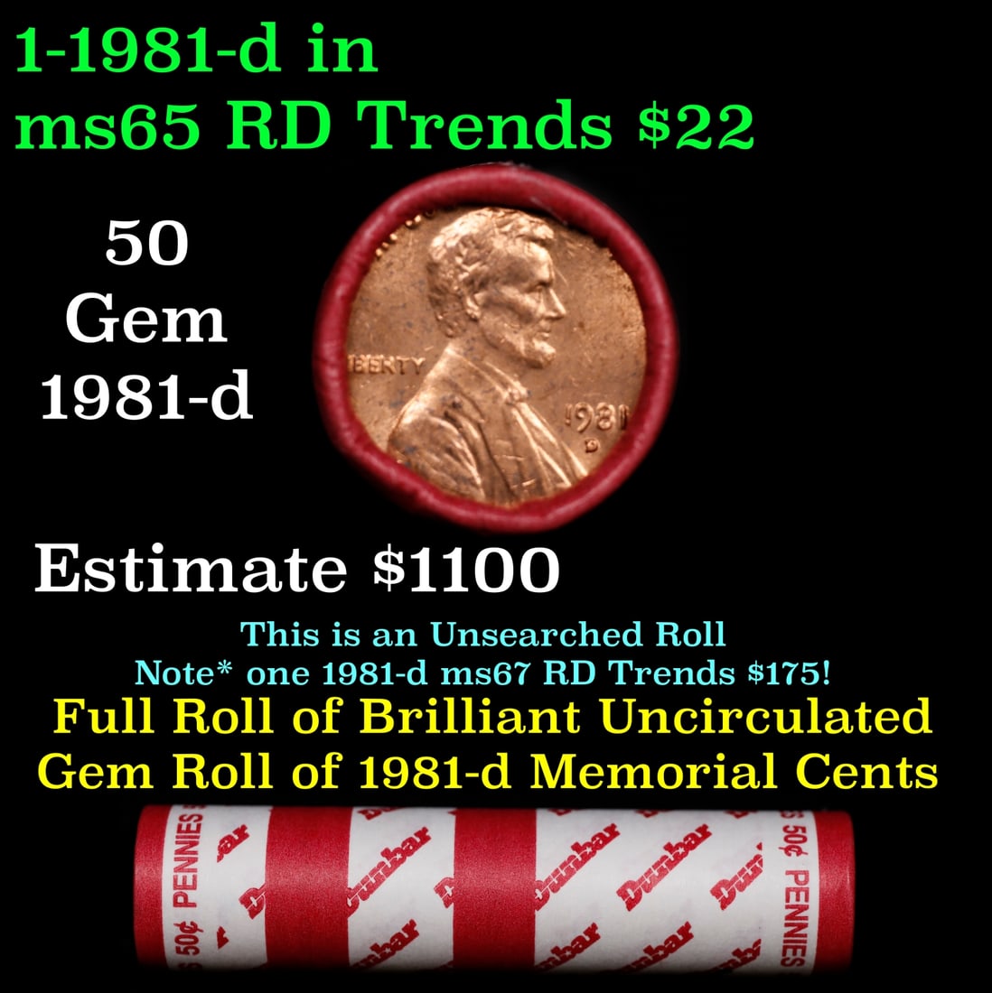 BU Shotgun Lincoln 1c roll, 1981-d 50 pcs Dunbar Wrapper 50c: BU Shotgun Lincoln 1c roll, 1981-d 50 pcs Dunbar Wrapper 50c. A terrific Shotgun roll of Lincoln cents in a Dunbar wrapper. Most if not all coins should be cherry red.