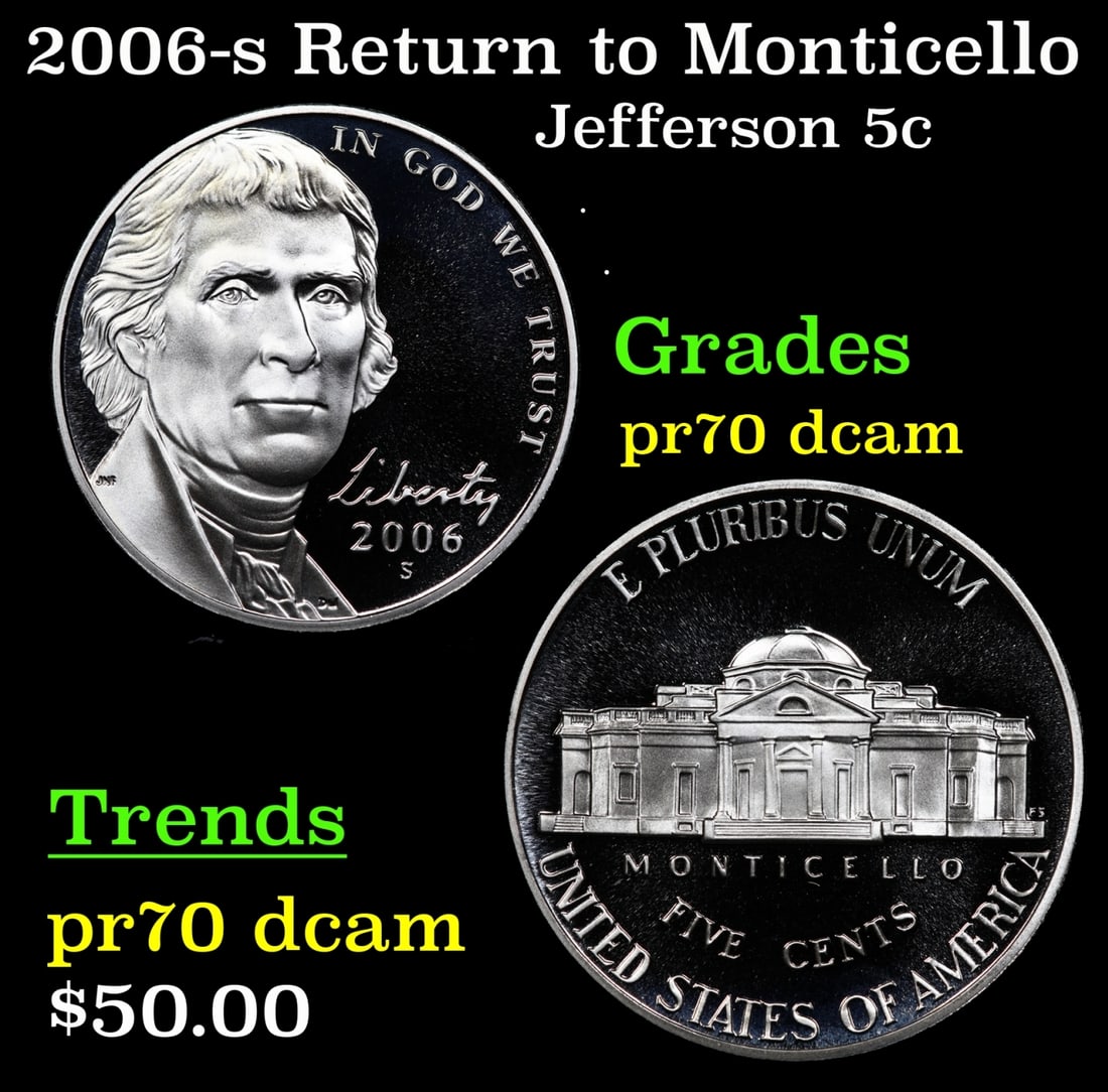 2006-s Proof Jefferson Nickel Return to Monticello 5c pr70 dcam SEGS: 2006-s Return to Monticello Jefferson Nickel 5c pr70 dcam SEGS.