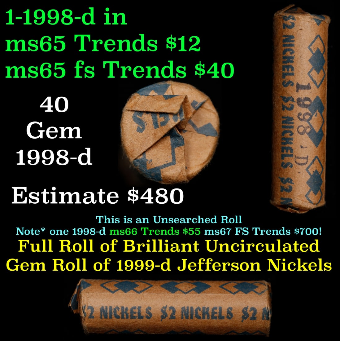 BU Shotgun Jefferson 5c roll, 1998-d 40 pcs Bank $2 Nickel Wrapper: BU Shotgun Jefferson 5c roll, 1998-d 40 pcs Bank $2 Nickel Wrapper.