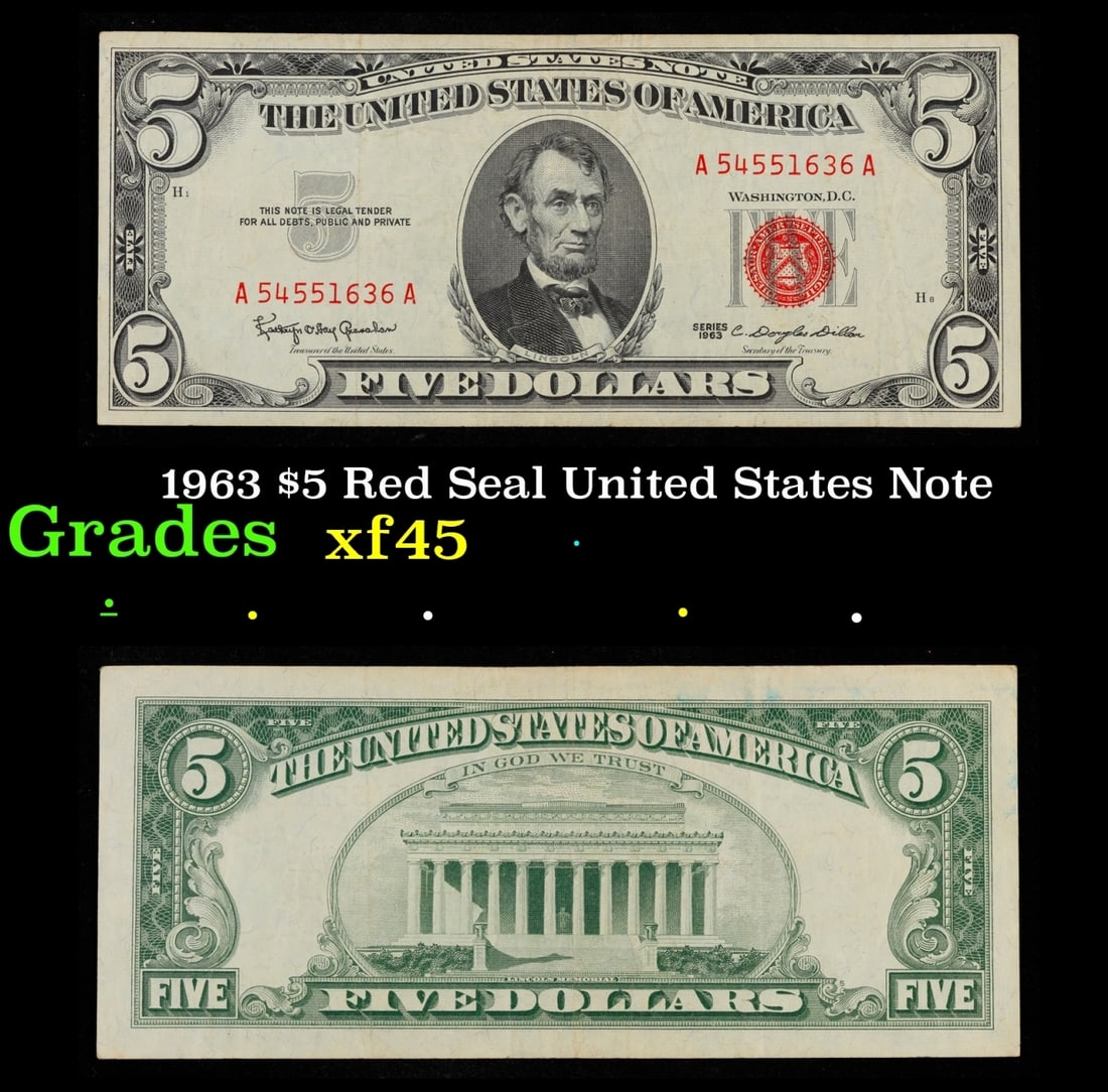 1963 $5 Red Seal United States Note Grades xf+ (1 of 3)