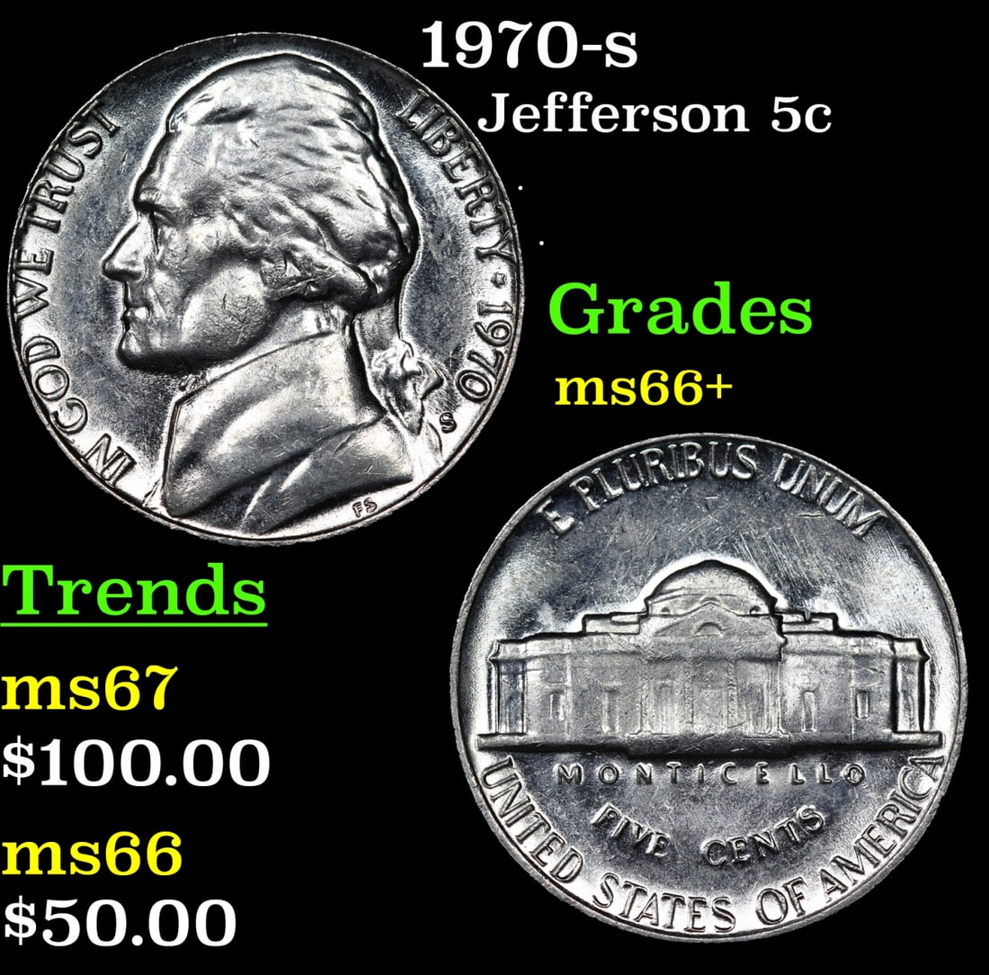 1970-s Jefferson Nickel 5c Grades GEM++ Unc: 1970-s Jefferson Nickel 5c Grades GEM++ Unc.