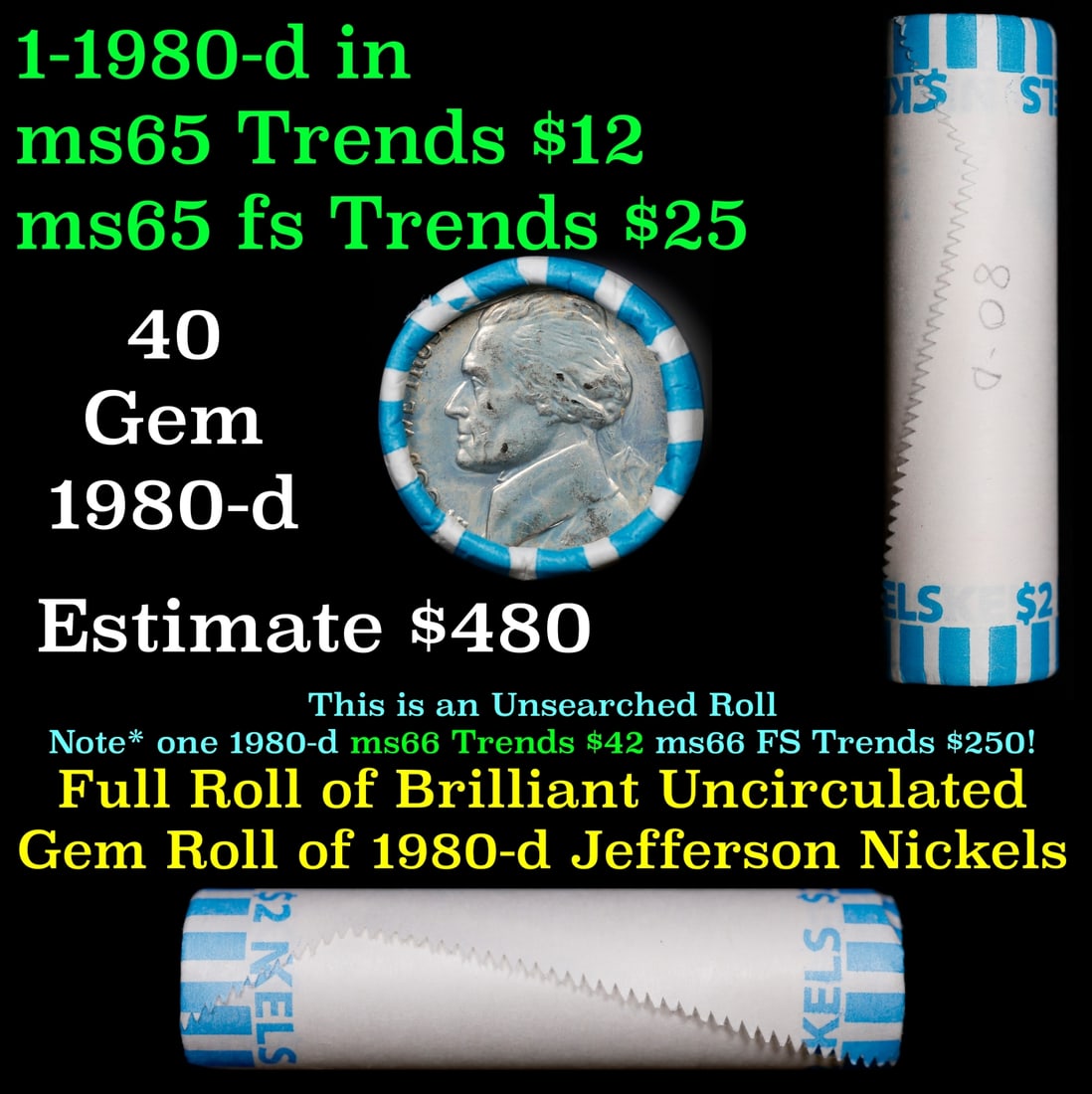 BU Shotgun Jefferson 5c roll, 1980-d 40 pcs Bank $2 Nickel Wrapper: BU Shotgun Jefferson 5c roll, 1980-d 40 pcs Bank $2 Nickel Wrapper.