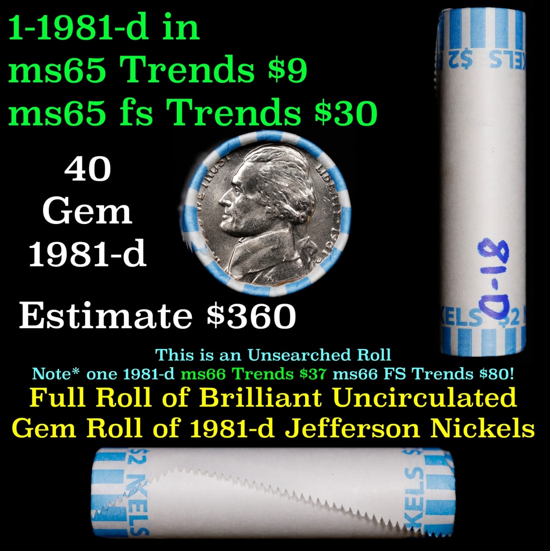 BU Shotgun Jefferson 5c roll, 1981-d 40 pcs Bank $2 Nickel Wrapper: BU Shotgun Jefferson 5c roll, 1981-d 40 pcs Bank $2 Nickel Wrapper.