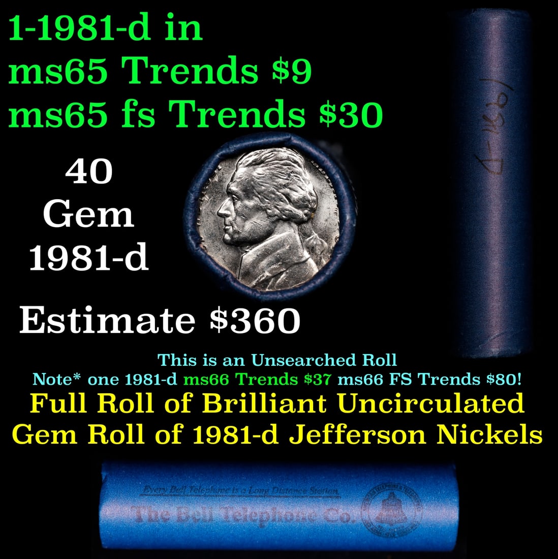 BU Shotgun Jefferson 5c roll, 1981-d 40 pcs Bank $2 Nickel Wrapper: BU Shotgun Jefferson 5c roll, 1981-d 40 pcs Bank $2 Nickel Wrapper.