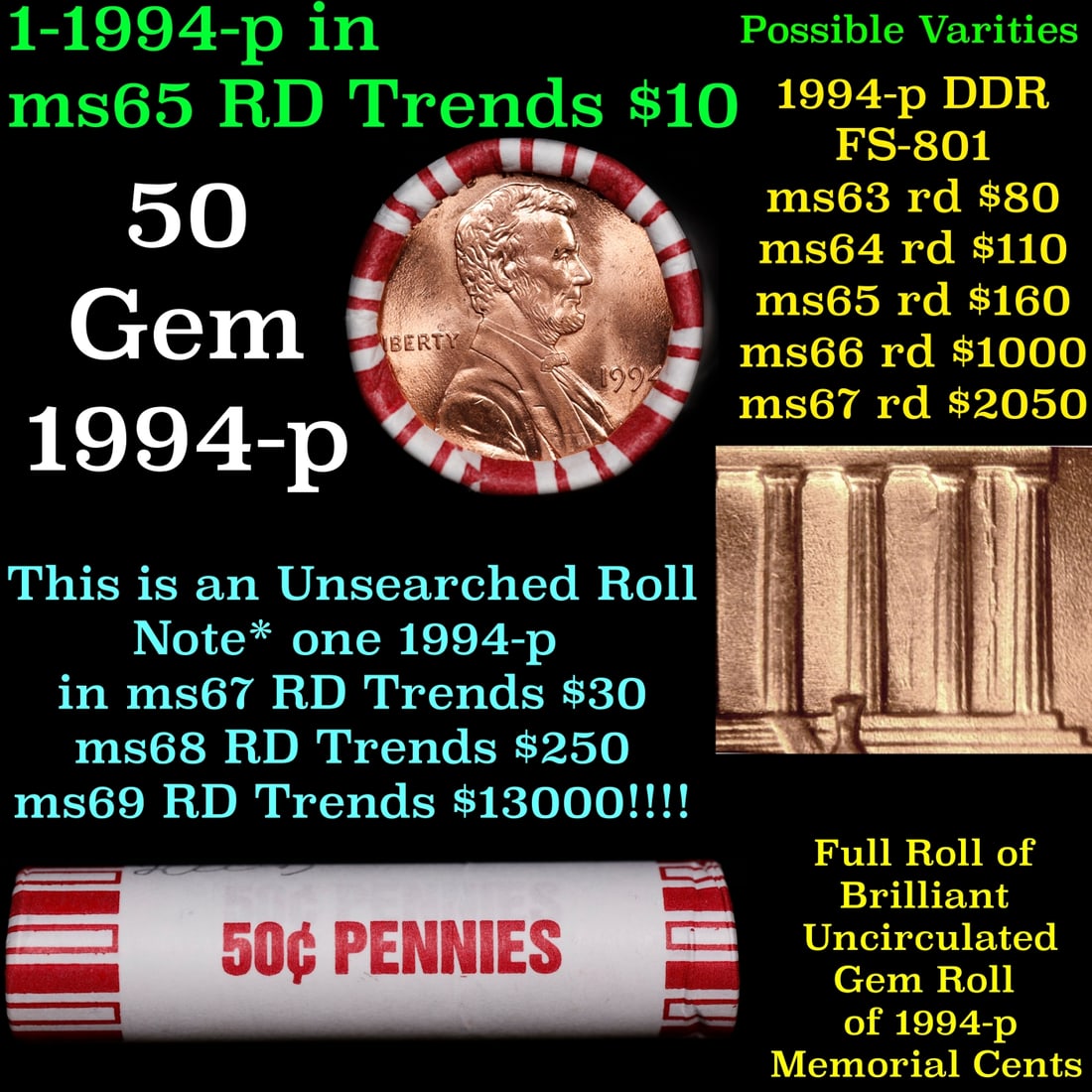 BU Shotgun Lincoln 1c roll, 1994-p 50 pcs Bank Wrapper 50c: BU Shotgun Lincoln 1c roll, 1994-p 50 pcs Bank Wrapper 50c. A terrific Shotgun roll of Lincoln cents in a Bank wrapper. Most if not all coins should be cherry red.