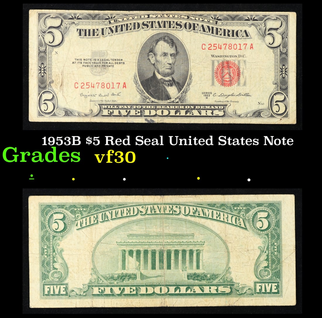 1953B $5 Red Seal United States Note Grades vf++ (1 of 3)