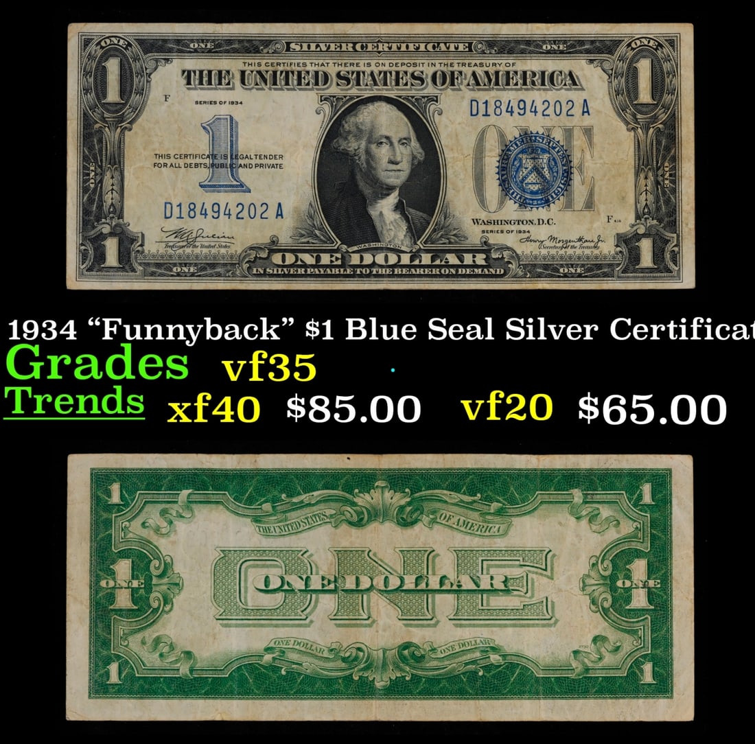1934 "Funnyback" $1 Blue Seal Silver Certificate Grades vf++ (1 of 3)