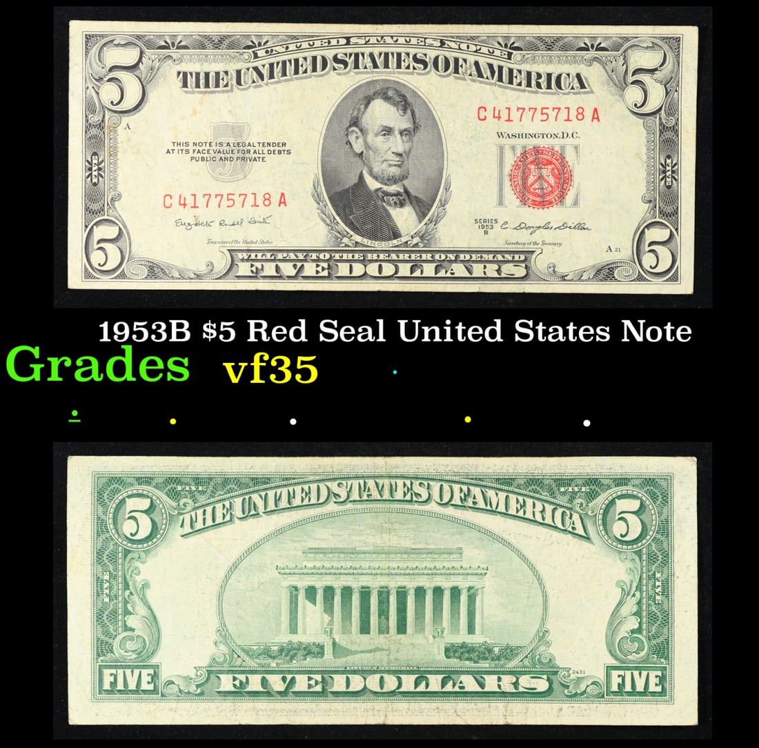 1953B $5 Red Seal United States Note Grades vf++ (1 of 3)