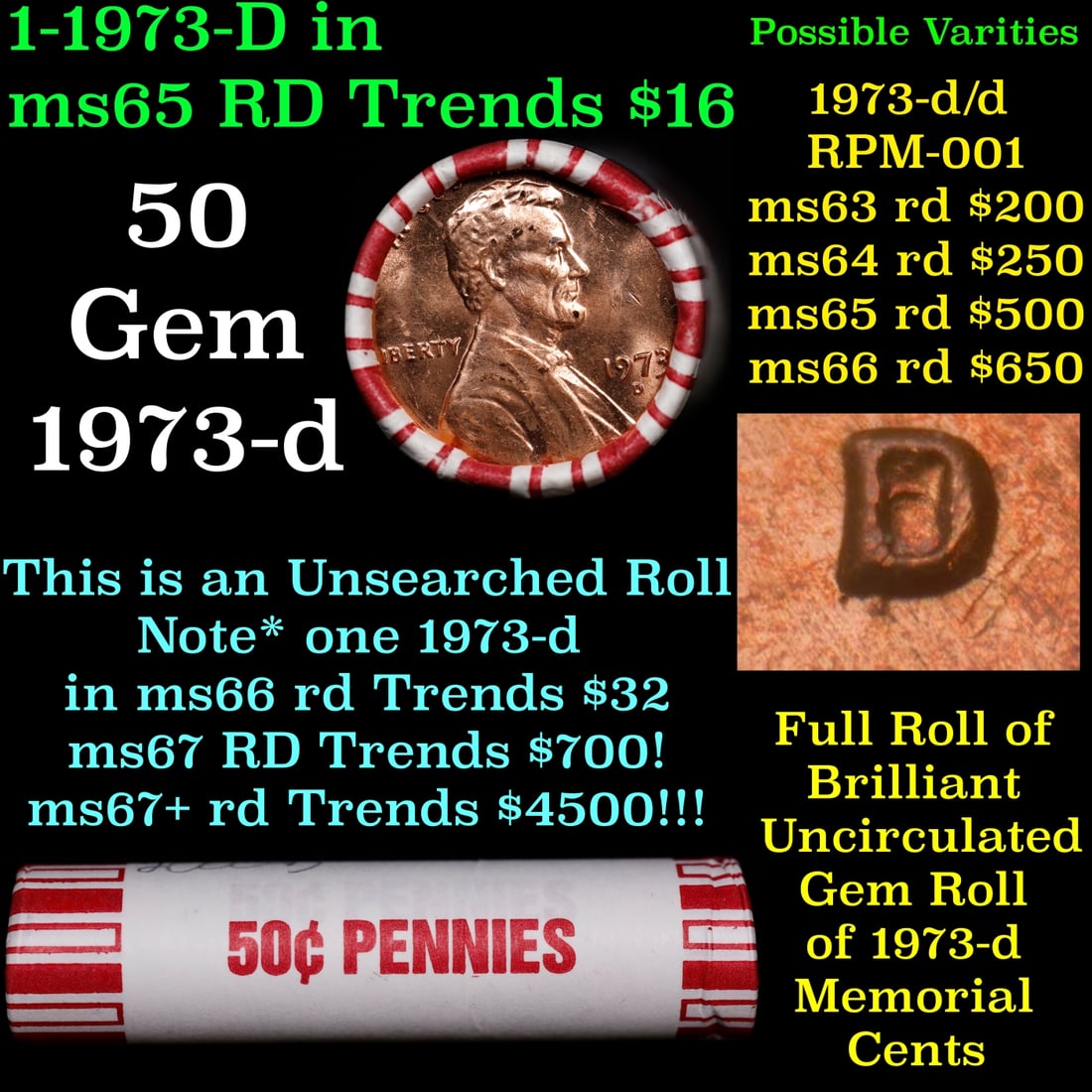 BU Shotgun Lincoln 1c roll, 1973-d 50 pcs Bank Wrapper 50c: BU Shotgun Lincoln 1c roll, 1973-d 50 pcs Bank Wrapper 50c. A terrific Shotgun roll of Lincoln cents in a Bank wrapper. Most if not all coins should be cherry red.