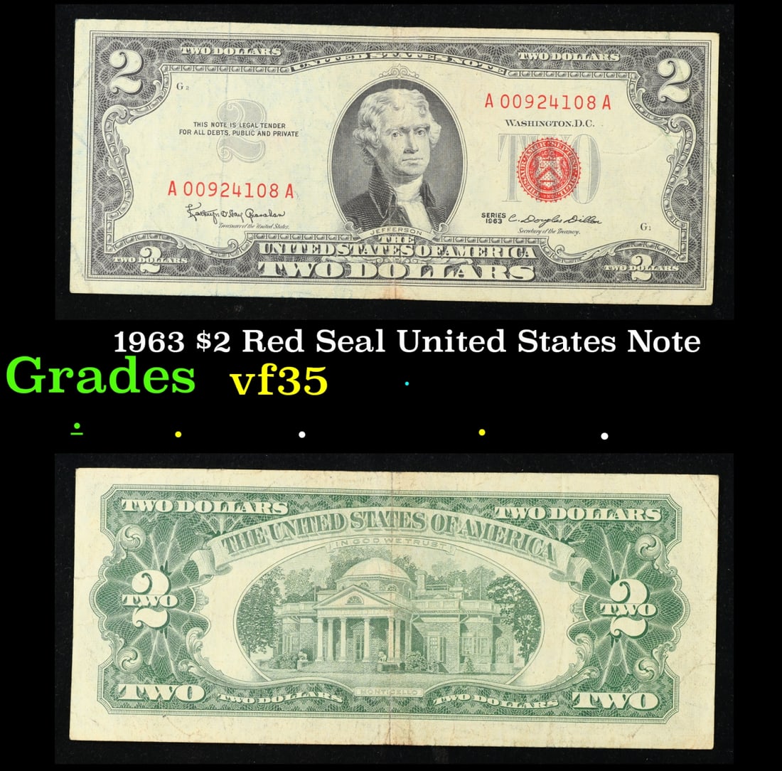 1963 $2 Red Seal United States Note Grades vf++: 1963 $2 Red Seal United States Note Grades vf++. 1963 Legal Tender (United States Note). 1963 marks the last year that red seals were printed on two dollar bills. This is also the last year that Monti