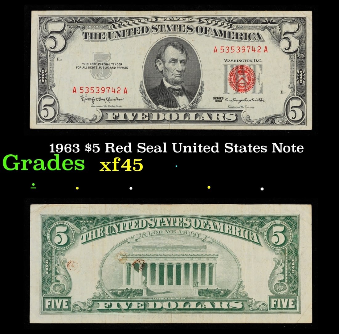 1963 $5 Red Seal United States Note Grades xf+ (1 of 3)