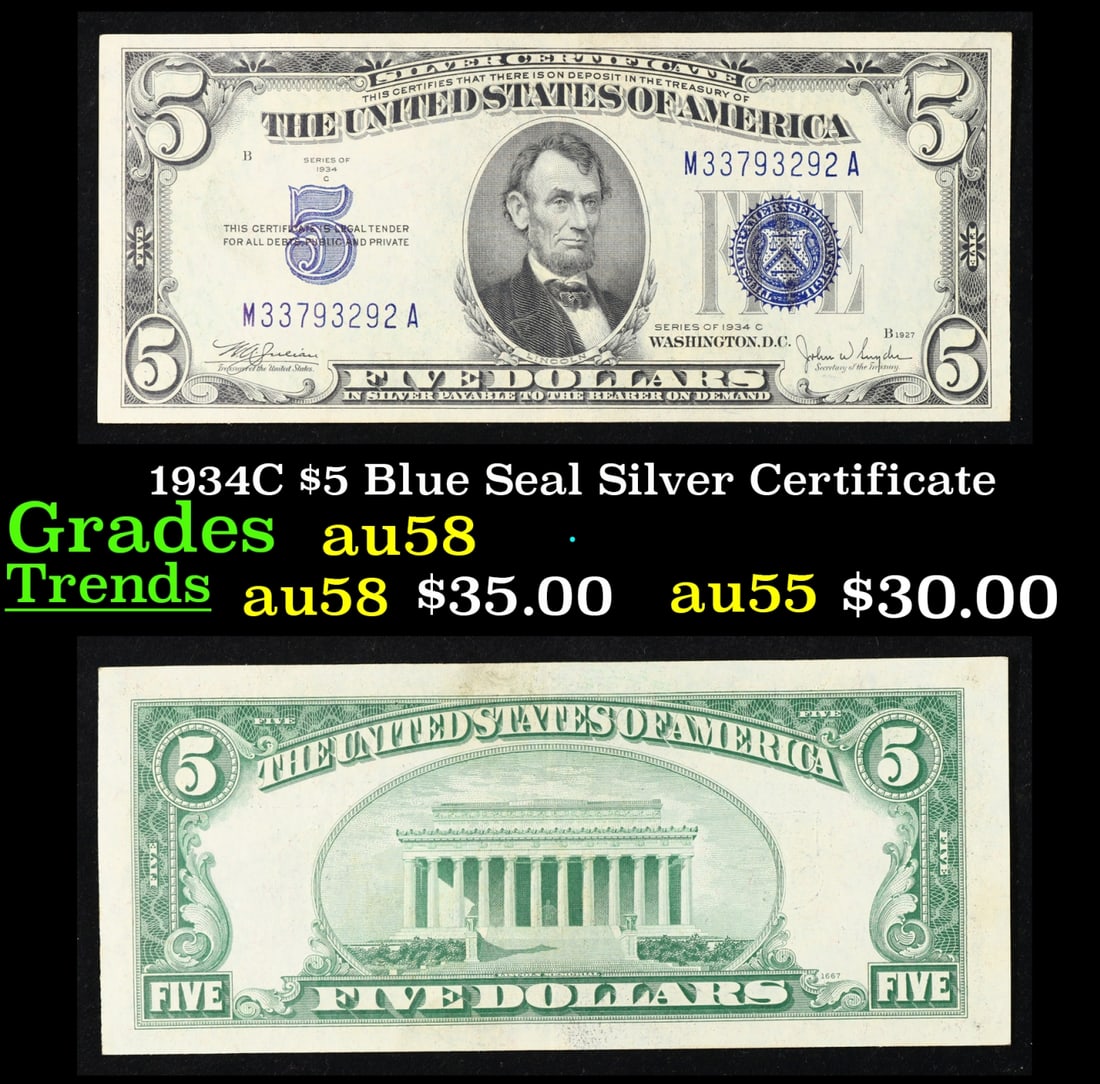 1934C $5 Blue Seal Silver Certificate Grades Choice AU/BU Slider (1 of 3)