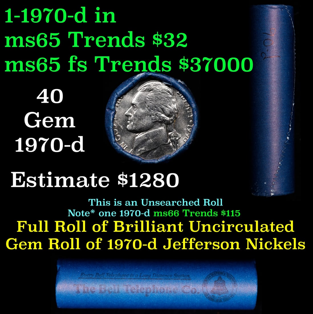 BU Shotgun Jefferson 5c roll, 1990-d 40 pcs Bank $2 Nickel Wrapper: BU Shotgun Jefferson 5c roll, 1990-d 40 pcs Bank $2 Nickel Wrapper.