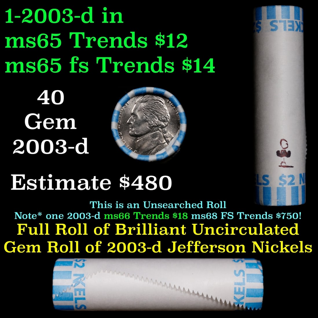 BU Shotgun Jefferson 5c roll, 2003-d 40 pcs Bank $2 Nickel Wrapper: BU Shotgun Jefferson 5c roll, 2003-d 40 pcs Bank $2 Nickel Wrapper.