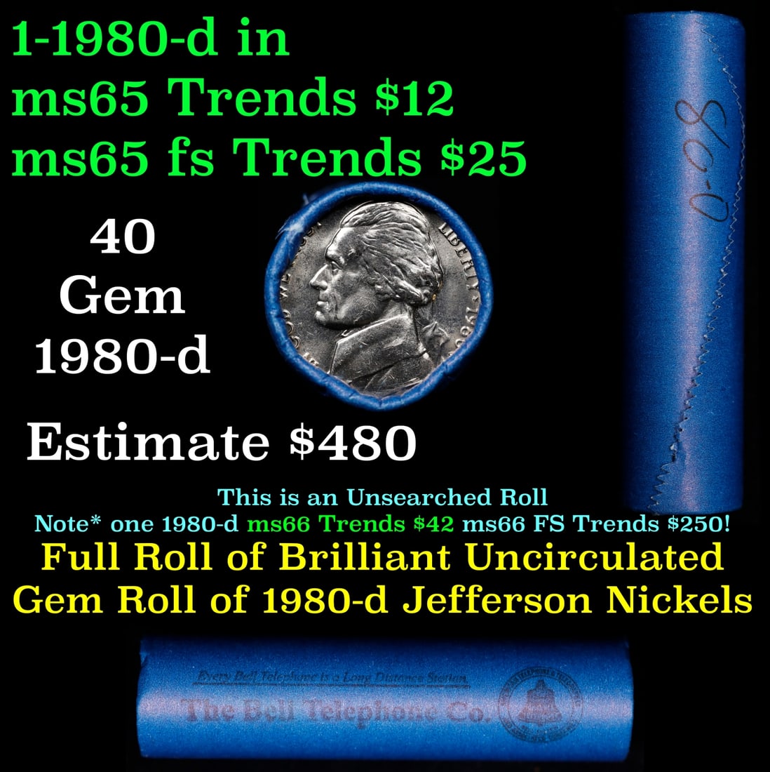 BU Shotgun Jefferson 5c roll, 1980-d 40 pcs Bank $2 Nickel Wrapper: BU Shotgun Jefferson 5c roll, 1980-d 40 pcs Bank $2 Nickel Wrapper.