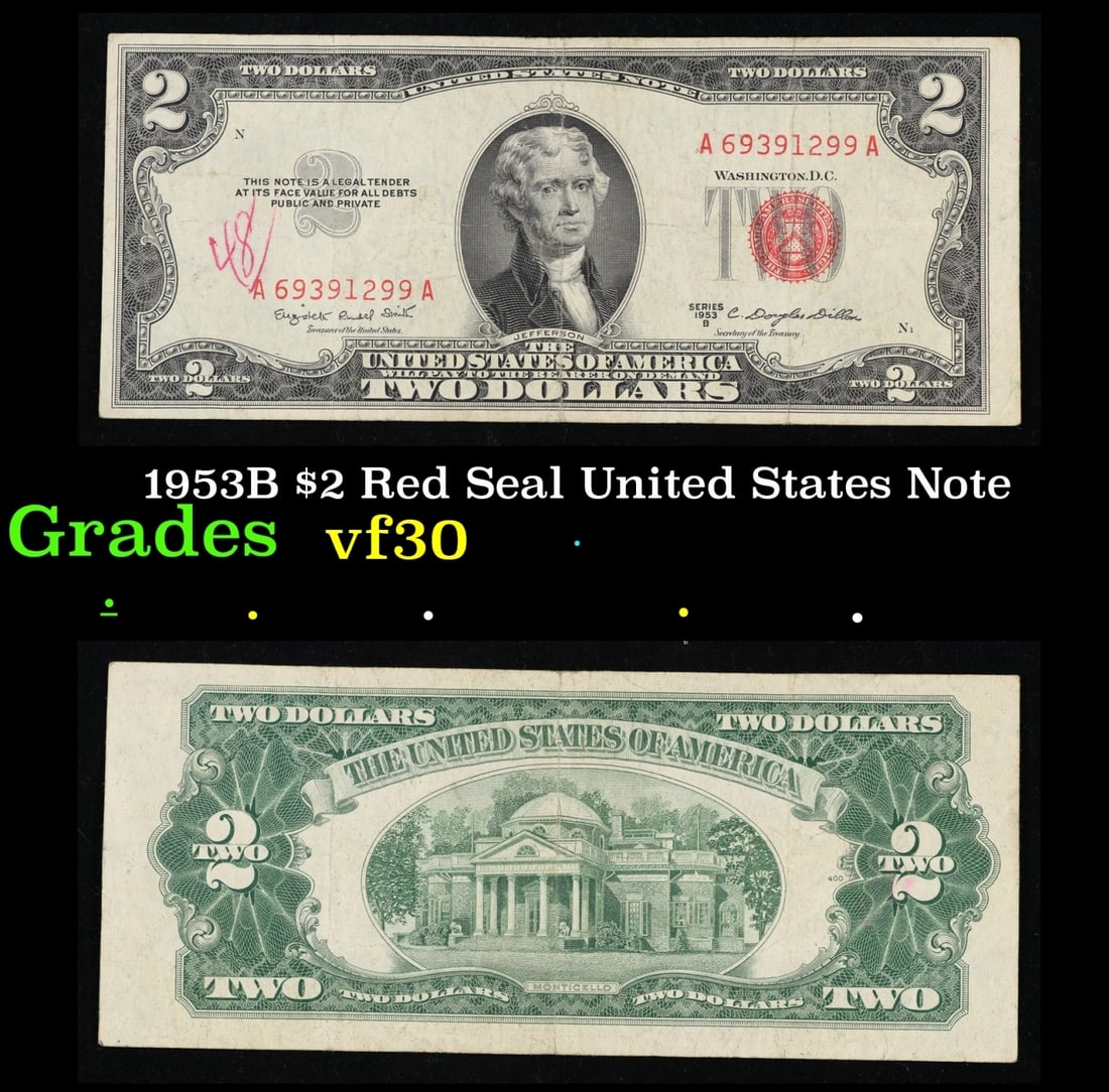 1953B $2 Red Seal United States Note Grades vf++: 1953B $2 Red Seal United States Note Grades vf++. 1953 red print two dollar bills can be broke up into four different types by signature combination; 1953 – Ivy Baker Priest (Treasurer of The United