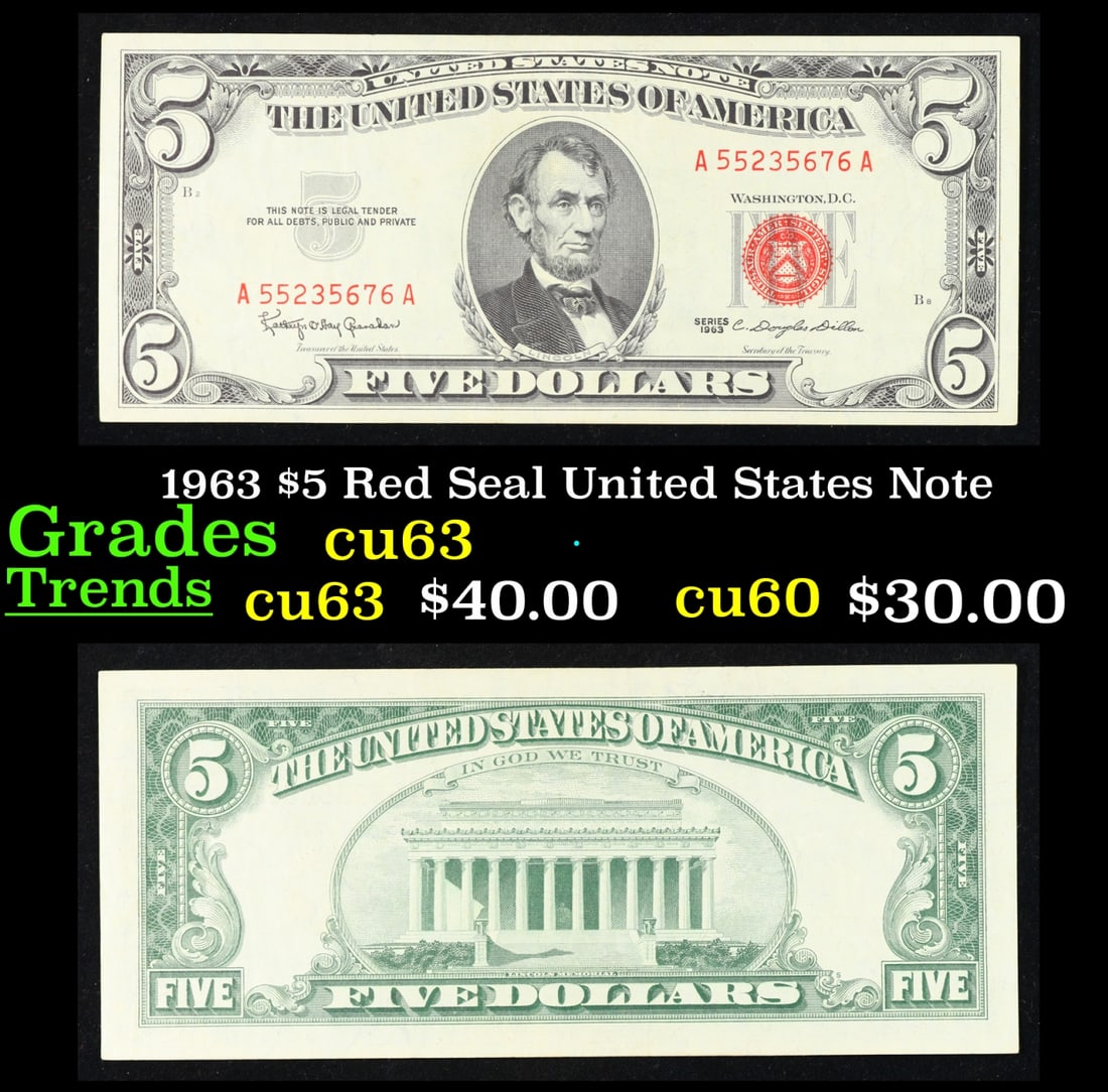 1963 $5 Red Seal United States Note Grades Select CU (1 of 3)