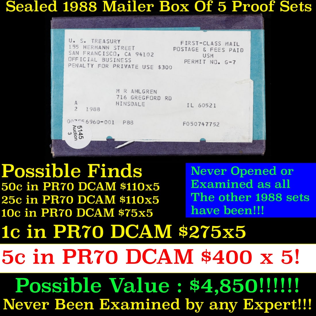 Original sealed box of 2x 1988 United States Mint Proof Sets: Original sealed box of 2x 1988 United States Mint Proof Sets. Up for Auction is an Unopened Mailer Box from 1988 containing 2 1988 Proof Sets!!!! Wow! - This Mailer Box is sealed exactly as it left th