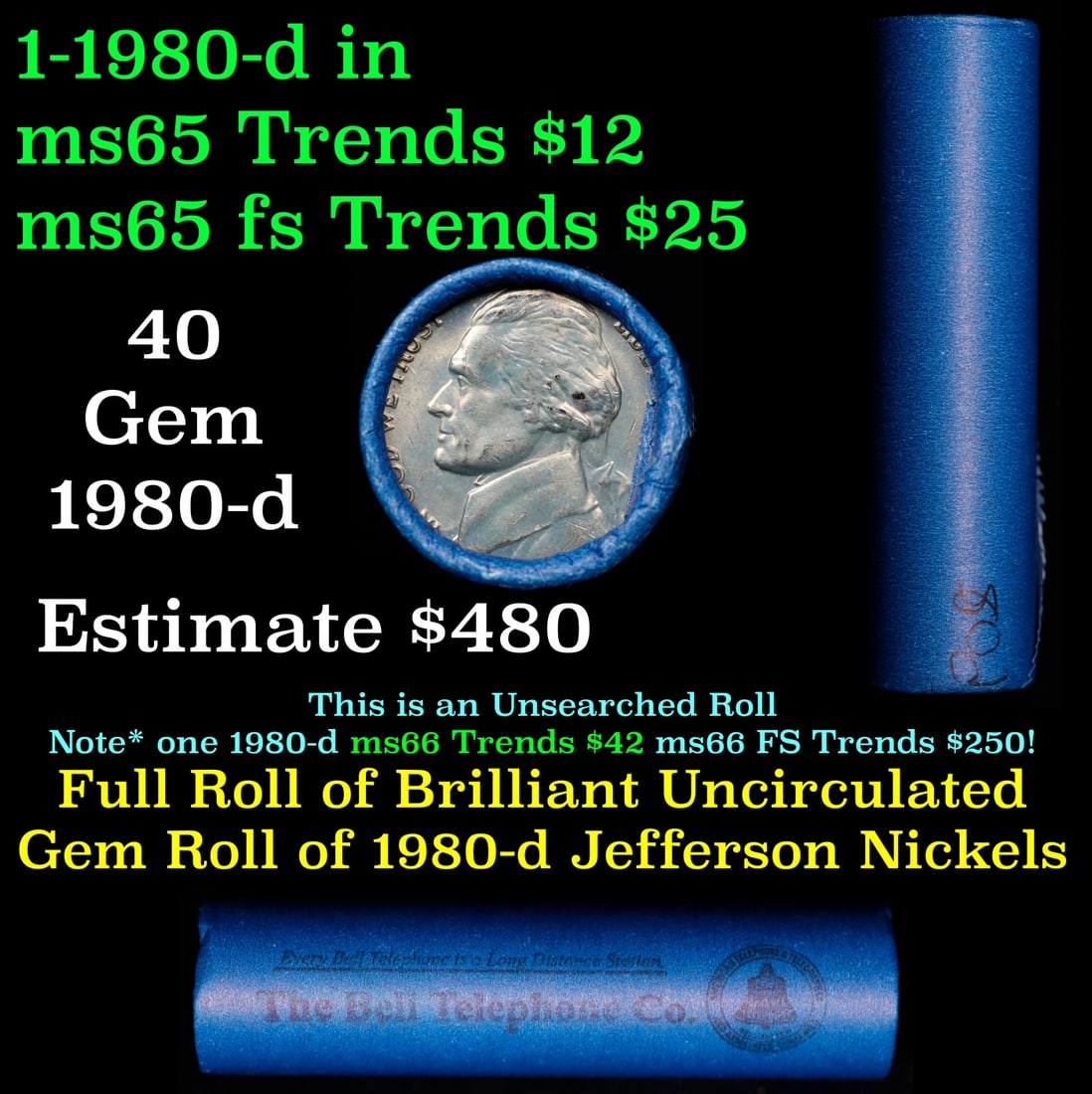 BU Shotgun Jefferson 5c roll, 1980-d 40 pcs Bank $2 Nickel Wrapper: BU Shotgun Jefferson 5c roll, 1980-d 40 pcs Bank $2 Nickel Wrapper.