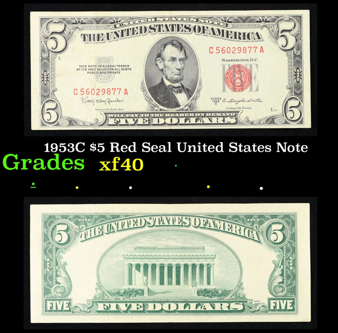 1953C $5 Red Seal United States Note Grades xf (1 of 3)