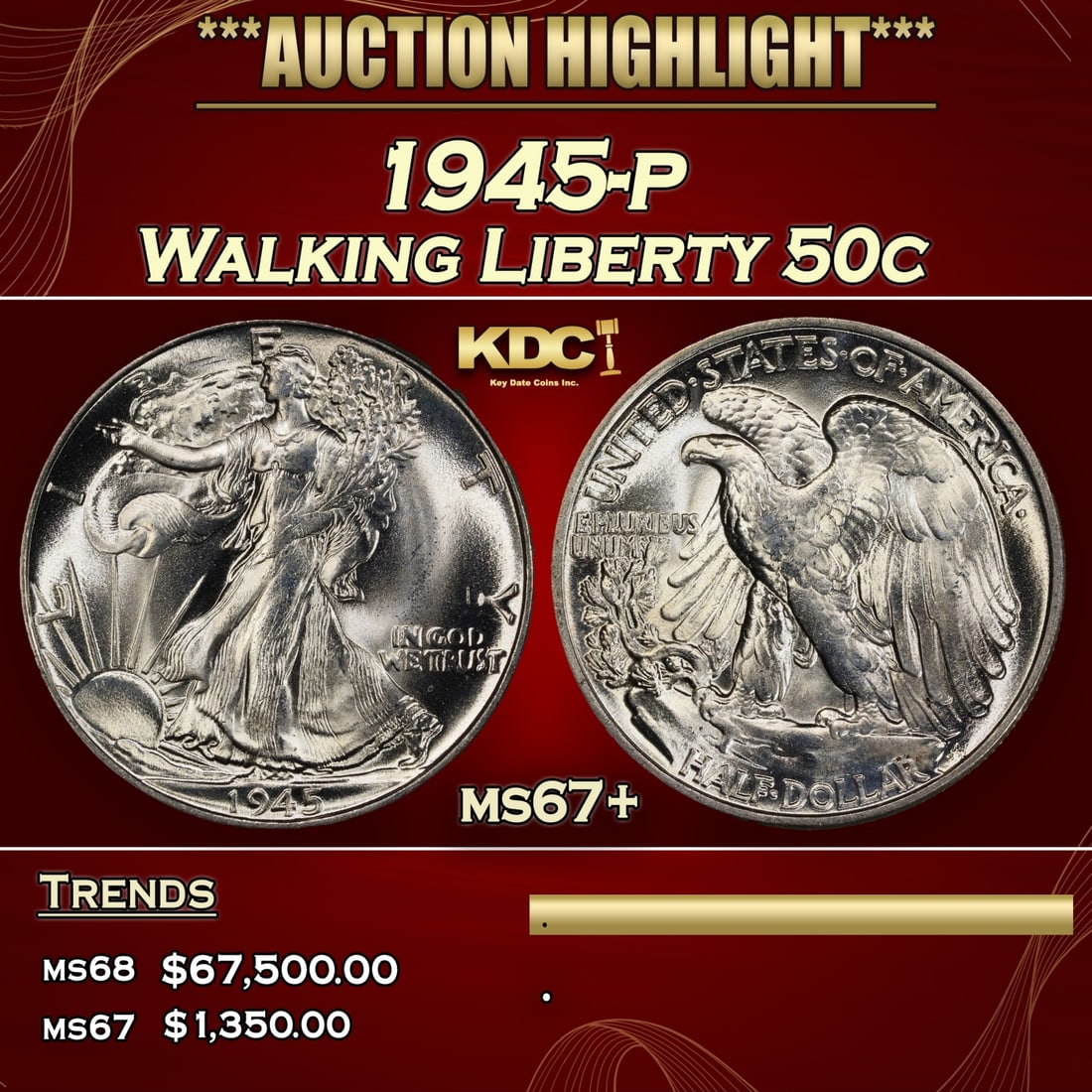 IO 1945-p Walking Liberty Half Dollar 50c ms67+ SEGS: 1945-p Walking Liberty Half Dollar 50c ms67+ SEGS. 0