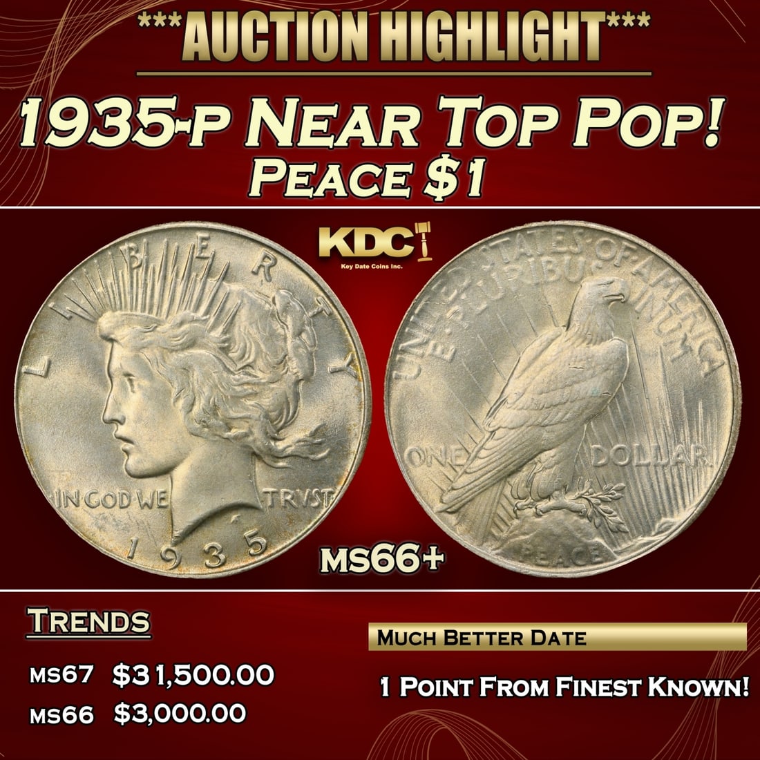 YC 1935-p Peace Dollar Near Top Pop! $1 ms66+ SEGS: 1935-p Near Top Pop! Peace Dollar $1 ms66+ SEGS. 0