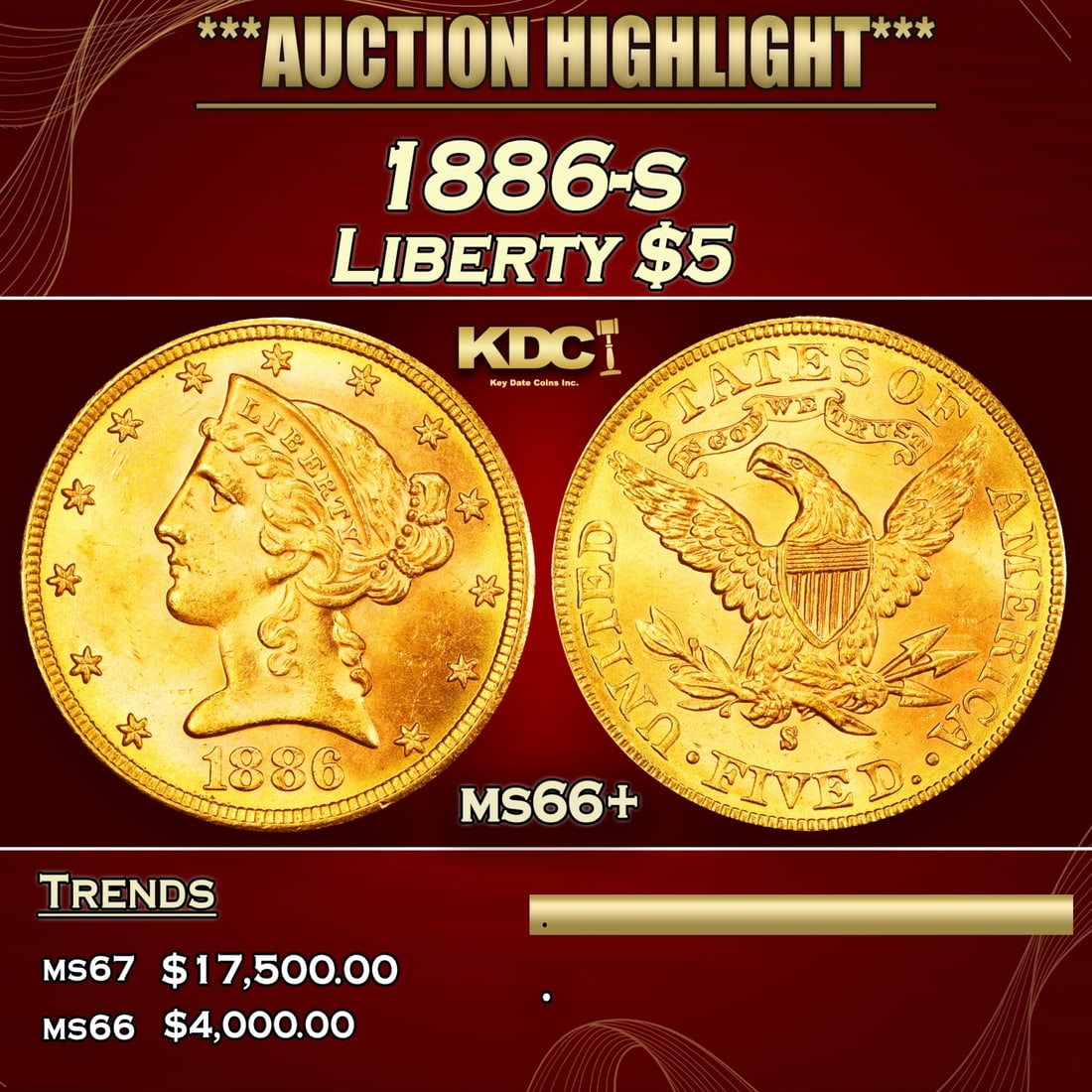 IO 1886-s Gold Liberty Half Eagle $5 ms66+ SEGS: 1886-s Gold Liberty Half Eagle $5 ms66+ SEGS. 0