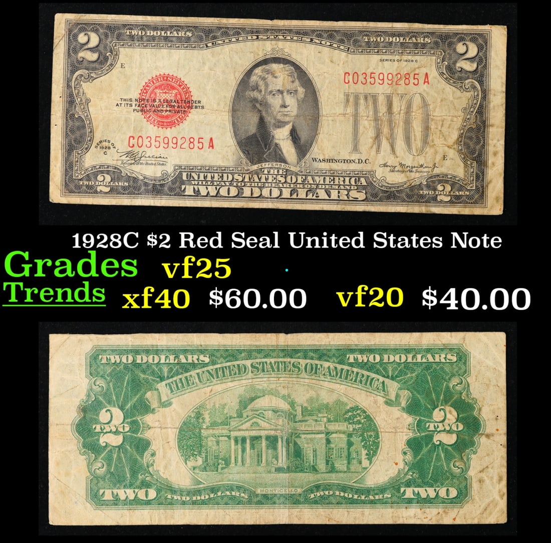 1928C $2 Red Seal United States Note Grades vf+ (1 of 3)