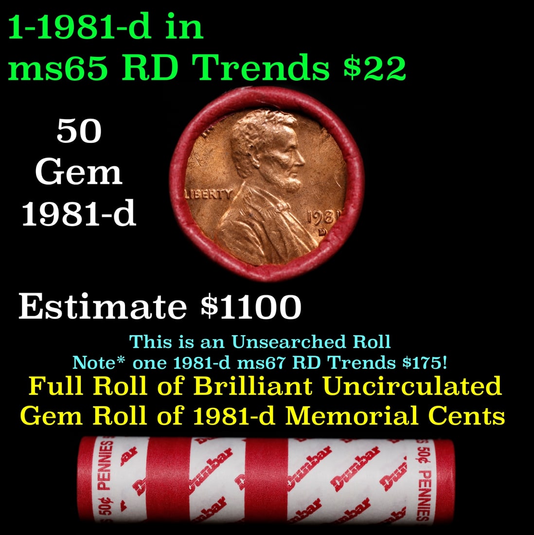 BU Shotgun Lincoln 1c roll, 1981-d 50 pcs Dunbar Wrapper 50c: BU Shotgun Lincoln 1c roll, 1981-d 50 pcs Dunbar Wrapper 50c. A terrific Shotgun roll of Lincoln cents in a Dunbar wrapper. Most if not all coins should be cherry red.
