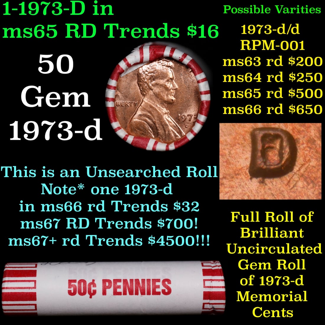 BU Shotgun Lincoln 1c roll, 1973-d 50 pcs Bank Wrapper 50c: BU Shotgun Lincoln 1c roll, 1973-d 50 pcs Bank Wrapper 50c. A terrific Shotgun roll of Lincoln cents in a Bank wrapper. Most if not all coins should be cherry red.