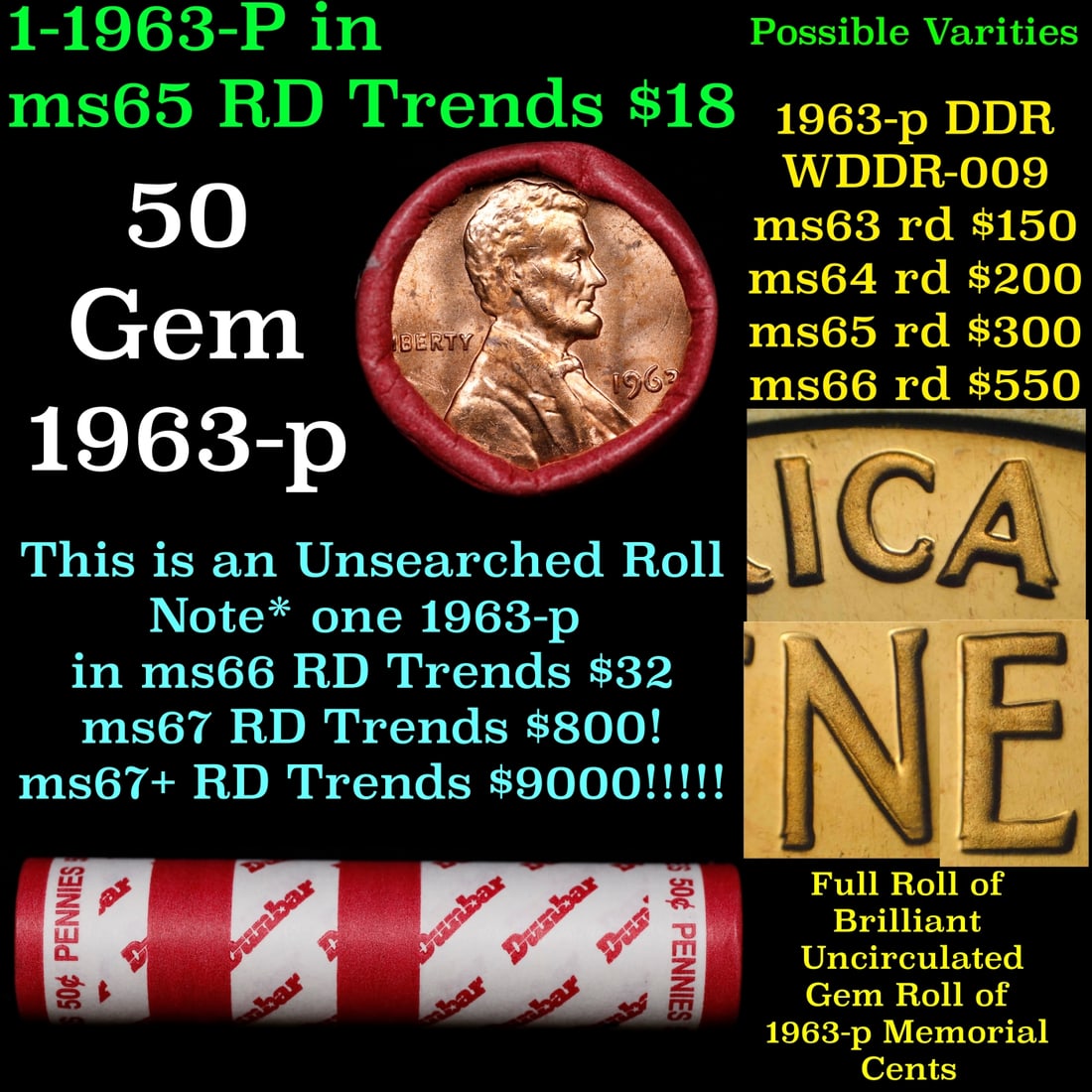 BU Shotgun Lincoln 1c roll, 1963-p 50 pcs Dunbar Wrapper 50c: BU Shotgun Lincoln 1c roll, 1963-p 50 pcs Dunbar Wrapper 50c. A terrific Shotgun roll of Lincoln cents in a Dunbar wrapper. Most if not all coins should be cherry red.