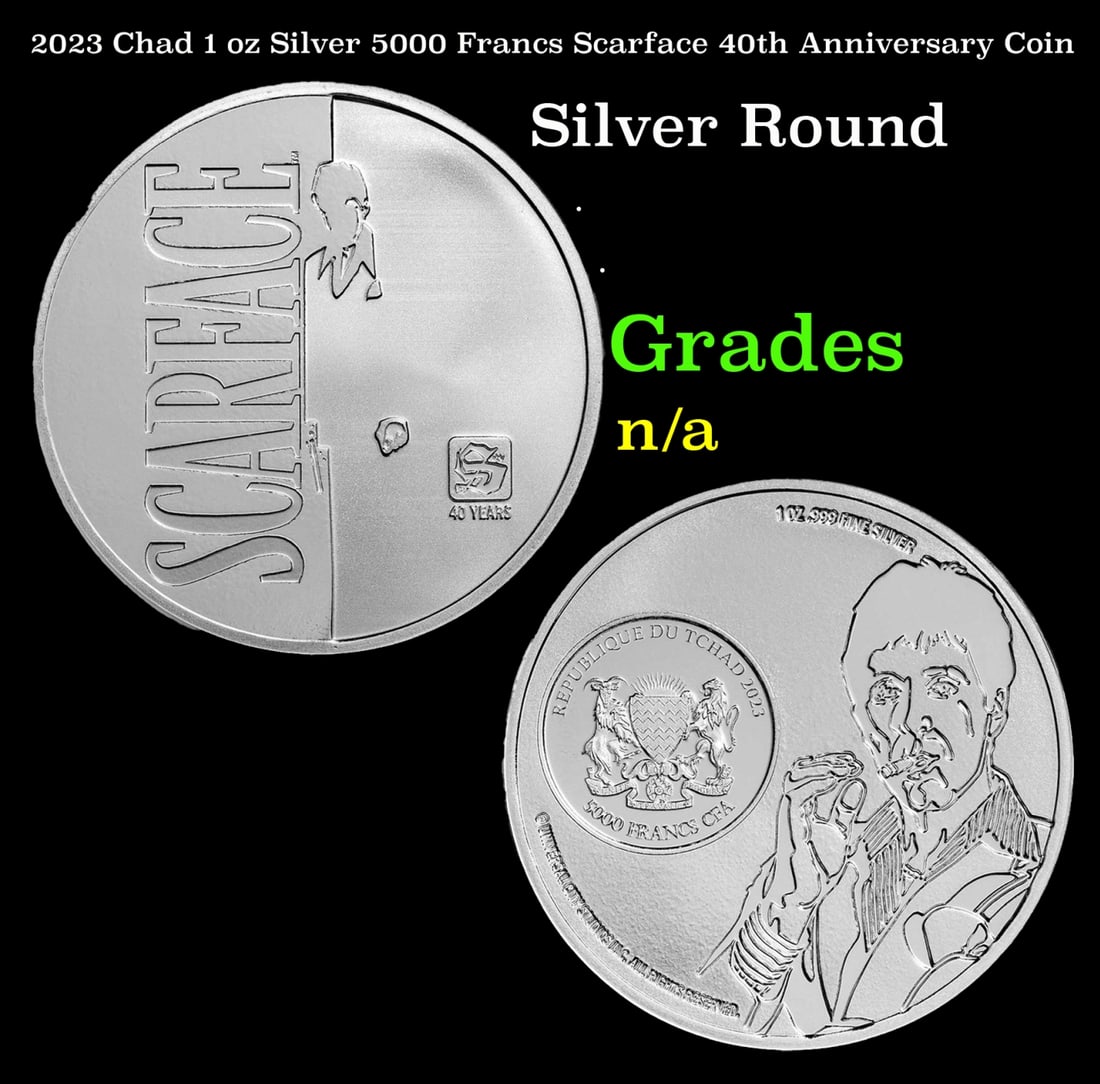 2023 Chad 1 oz Silver 5000 Francs Scarface 40th Anniversary Coin: 2023 Chad 1 oz Silver 5000 Francs Scarface 40th Anniversary Coin. This 1 oz Silver coin commemorates 40 years of the classic move, Scarface. Contains 1 oz of .999 fine silver.