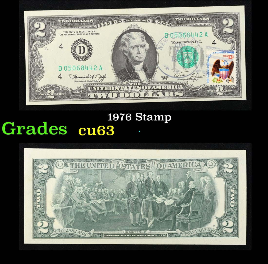 1976 $2 Federal Reserve Note 1st Day of Issue, with Stamp Grades Select CU (1 of 1)