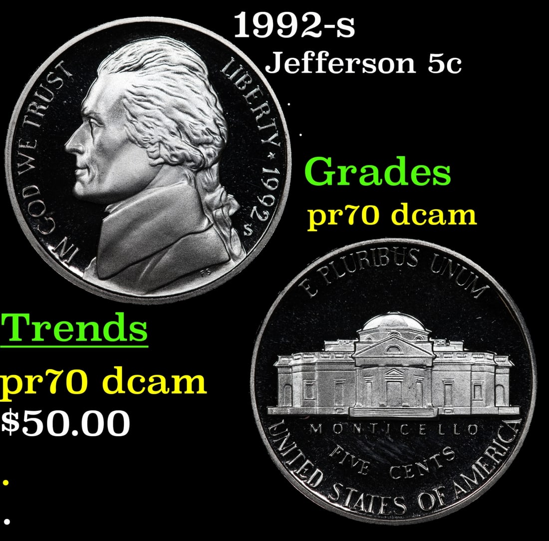 1992-s Proof Jefferson Nickel 5c pr70 dcam SEGS: 1992-s Jefferson Nickel 5c pr70 dcam SEGS.