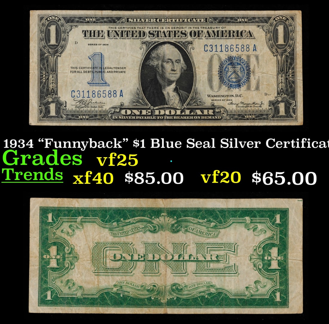 1934 "Funnyback" $1 Blue Seal Silver Certificate Grades vf+ (1 of 3)